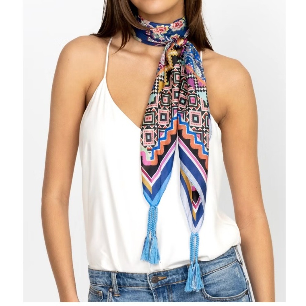 Johnny Was Scarf Women OS Multi Hebea Scarf Silk Floral Geometric Tassel